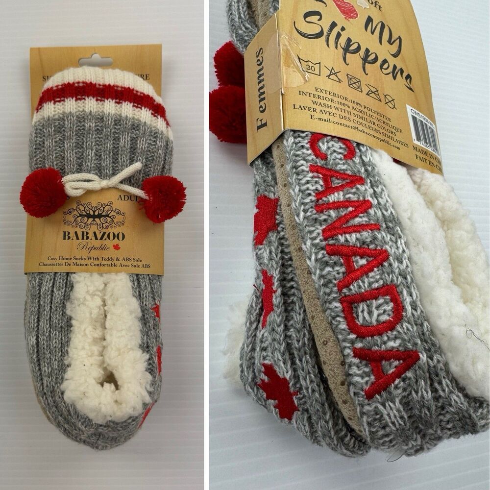 Babazoo Canada Slipper Socks L/XL Sherpa Lined Cozy Non Slip Indoor Cabin NWT